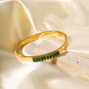 Vintage Armreif Edelstahl 18K Vergoldet Grüne Rechteckige Zirkonia Inlaid Schicke Damen Schmuck