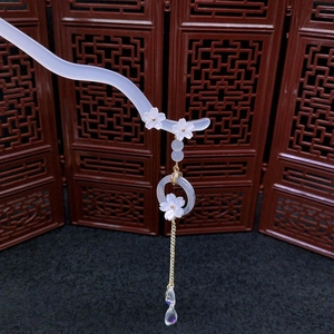Classic purple acetate hair stick with white cherry blossom and metal tassel pendant