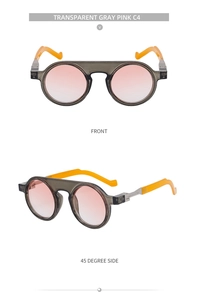 Detailed views of transparent gray round frame sunglasses with pink gradient lenses