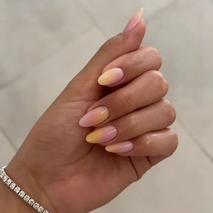Long Almond Press On Nails ABS Pink Yellow Ombre Glossy Fake Nails Women Daily Manicure