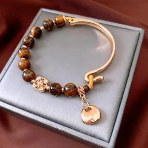 Tiger's Eye Beaded Bracelet Gold Plated Copper Lock Charm Vintage Geometric Retro Luxury Jewelry Accessory