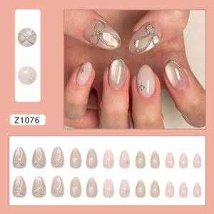 Premium 24pcs 3D cat-eye press-on nails featuring elegant pearl star and bow designs