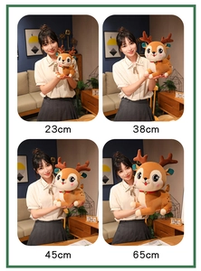 Plush deer toy size comparison shown in 23cm, 38cm, 45cm, and 65cm options