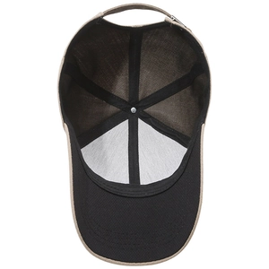 Inside view of a dark brown six-panel baseball cap with adjustable metal buckle strap