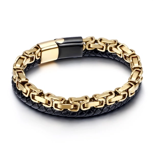 Men's double-layer black leather braid and golden stainless steel byzantine chain bracelet