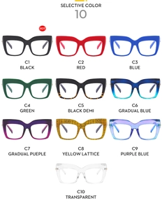 Detailed grid showing ten color options for big frame cat eye anti-blue light glasses