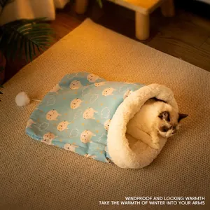 Plush lamb wool pet sleeping bag with cartoon sheep pattern for cozy winter cat bed