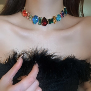 Detail of colorful chunky rhinestone choker necklace with mixed multi-color crystal stones