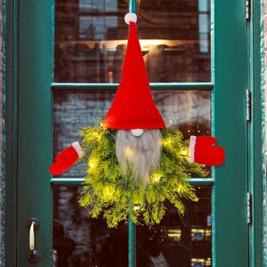 Christmas Gnome Wreath Glowing Faceless Old Man Hanging Decor Artificial Pine Needle LED Light Red Hat Front Door Festive