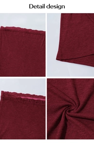 Macro shot of dark red ribbed fabric texture with detailed lace trim and seamless stitching