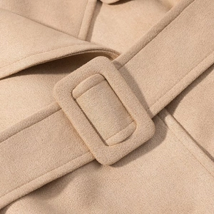 Women's khaki faux suede jacket with classic notched collar and matching fabric belt buckle