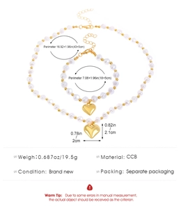 Detailed size chart for faux pearl necklace set with heart pendant and CCB materials
