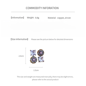 Detailed size chart for vintage zircon flower earrings with silver needles and copper material