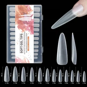 Size chart showing 12 sizes of extra long coffin nail tips with dimensions and 240pcs set