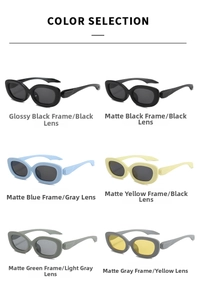 Matrix view showing oval sunglasses in gloss black, matte blue, and yellow frames