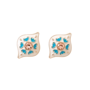 Vintage style enamel diamond-shaped earrings with gold trim and blue floral patterns