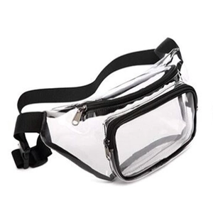 Macro view of transparent PVC waist bag with black nylon trim and dual zippers