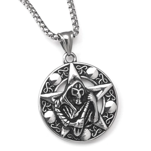 Gothic stainless steel grim reaper pentagram pendant with Celtic knot and box chain