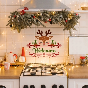 Christmas cartoon reindeer wall sticker with Welcome sign for holiday home decor