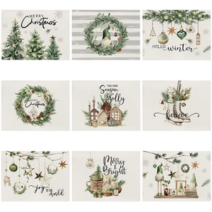Christmas Placemats Waterproof Heat Resistant Cotton Linen Table Mats Festive Dining Decoration Reindeer Snowflakes