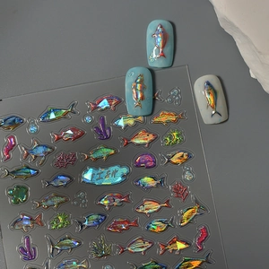 3D holographic ocean fish nail art stickers with colorful coral and seaweed designs