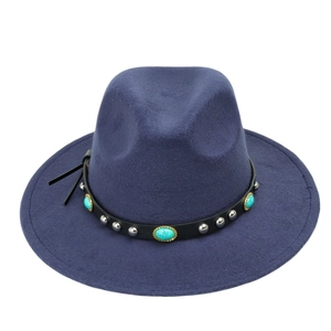 Classic navy blue fedora felt hat with western ethnic band and turquoise stone decor