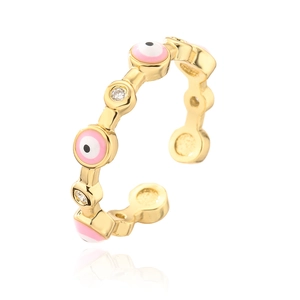 Pink evil eye gold-plated open ring with sparkling zircon inlays and enamel details