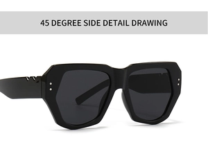 45-degree side view showing the thick geometric black frame and hinge of the sunglasses