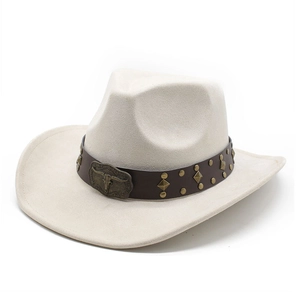 Ethnic western cowboy hat in cream faux suede featuring decorative rivets and bull head buckle