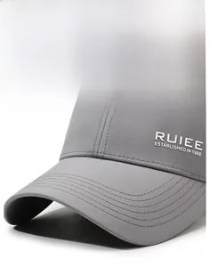 Close-up of grey breathable sports baseball cap showing fine fabric texture and white logo