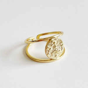 Retro 18K Gold Plated 925 Sterling Silver Medallion Coin Relief Double Layer Open Ring For Women Adjustable Jewelry