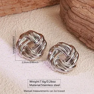 Macro shot of 2.26cm silver woven texture stainless steel stud earrings with size details