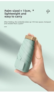 Mini 15cm folding umbrella in mint green showing compact handheld size for portability