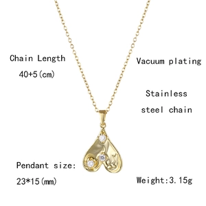 Detailed technical diagram showing heart pendant dimensions and stainless steel chain specs