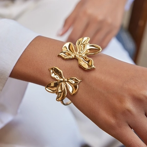 Elegant gold bougainvillea flower open cuff bracelet with high polish finish for women