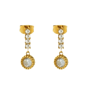 French vintage gold drop earrings with vertical pearls and a round clear zircon