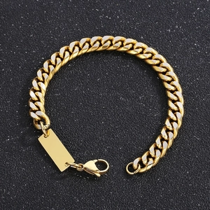 Men's hip hop gold Cuban link bracelet with rectangle metal tag and lobster clasp