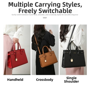 Trapezoidal handbags shown in handheld, crossbody and shoulder styles with metal charms