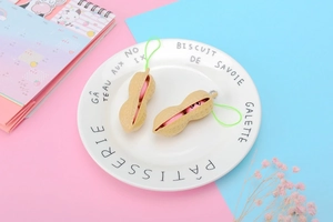 Détail du jouet anti-stress arachide montrant des fèves mignonnes sur fond rose et bleu