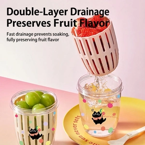 Portable double-layer fruit salad cup with pink strainer and cartoon cat pattern