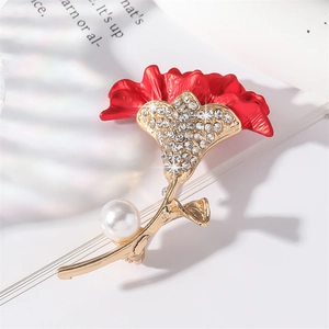 Red Carnation Flower Brooch For Women Alloy Enamel Rhinestone Artificial Pearl Corsage Pin Elegant Fashion Accessory