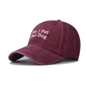 Washed burgundy baseball cap with white Can I Pet That Dog embroidery in a side 45-degree view