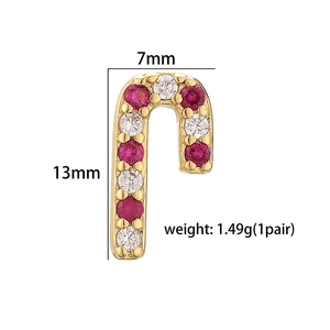 Detailed candy cane stud earring featuring pink and white stones, 13mm by 7mm size