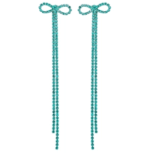 Elegant cyan blue rhinestone bow tassel drop earrings for wedding and evening dress