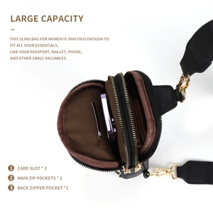 Vue détaillée du sac de poitrine en PU noir avec 3 fentes pour cartes et poche téléphone