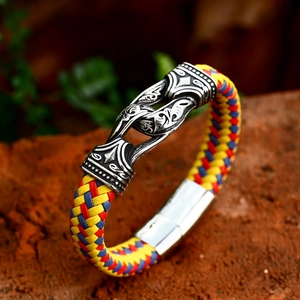 Men's Viking style woven leather bracelet with vintage engraved steel buckle