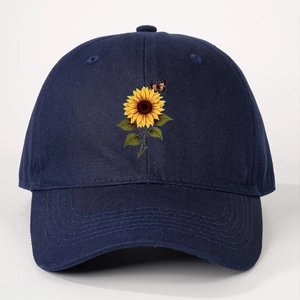 Classic navy blue baseball cap featuring embroidered sunflower and butterfly designs