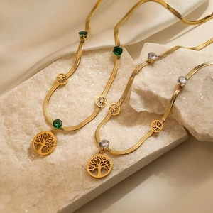 18K gold plated tree of life necklaces with green and clear zircon stones on silk
