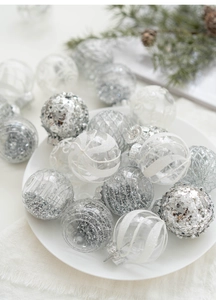 Close-up of clear and silver Christmas ornaments with sequins and frost patterns