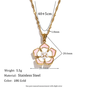 18K gold plated stainless steel five-petal flower necklace with a pearl center inlay